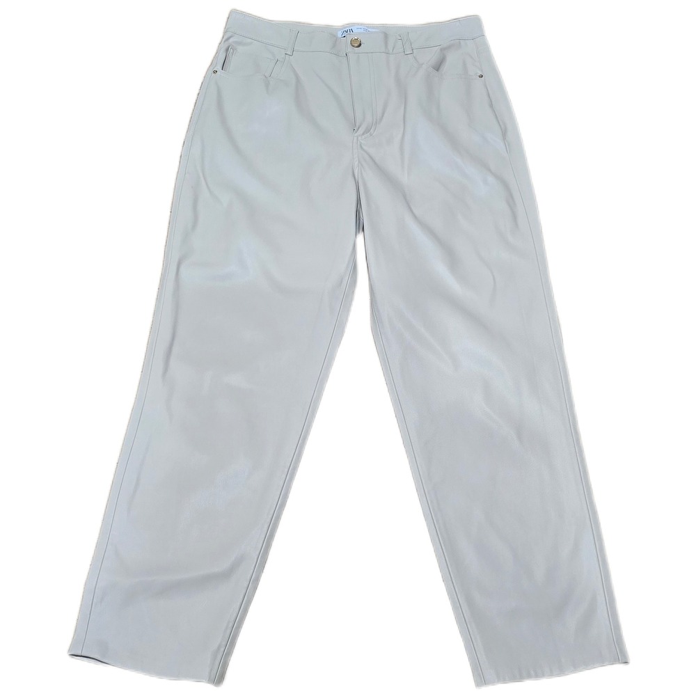 Zara Faux Leather Straight Leg Pants Off White Beige Womens Size 10 EUR 42‎
